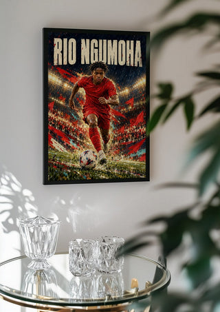 Rio Ngumoha by Danii Steinfeldt in a black frame above a glass table with crystal glassware