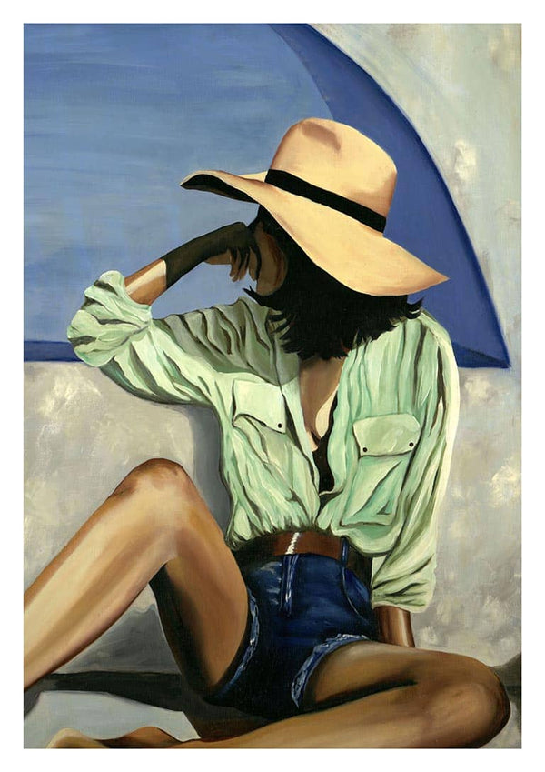 Painting of a woman in a sunhat and green shirt, sitting thoughtfully under blue sky. Colorful Dreamer by Martina Karlsson.