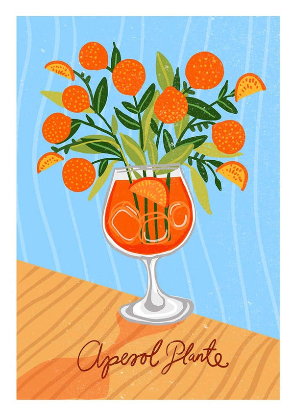 Illustration of an orange cocktail with leafy stems and round fruits in a glass, labeled "Aperol Plante".