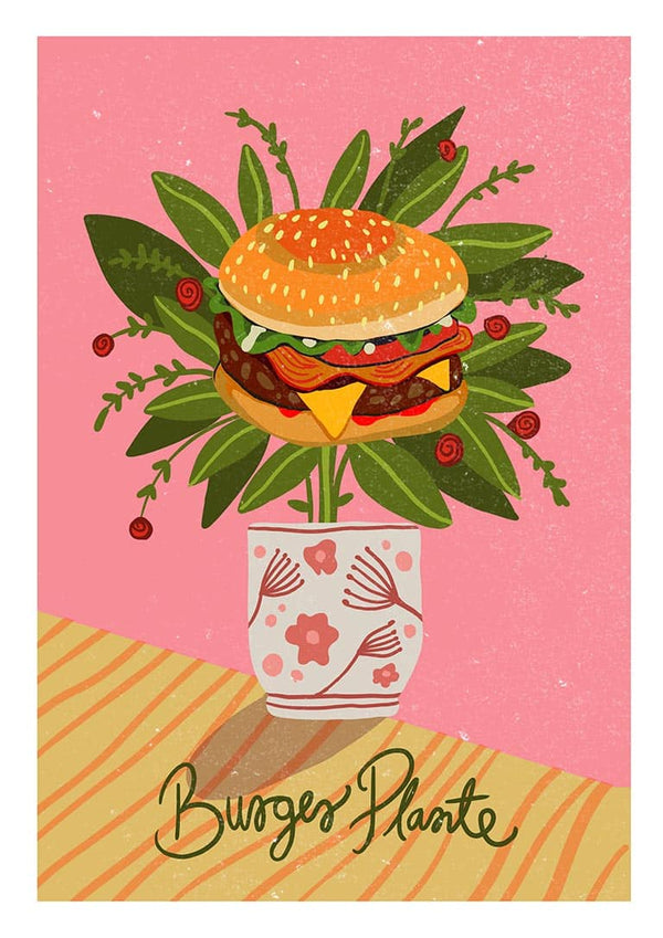 Illustration of a burger with leaves and berries in a vase, styled as a plant. Text reads "Burger Plante".