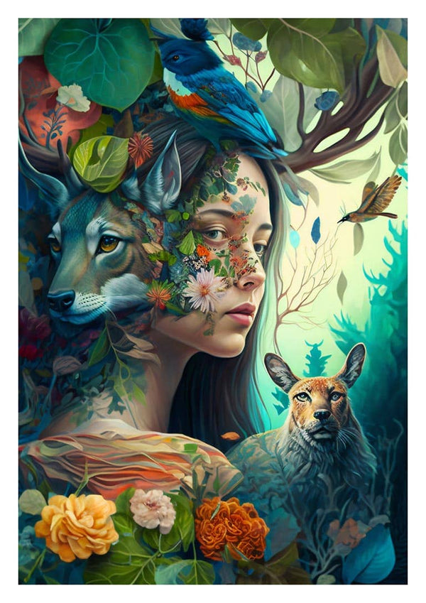 Surreal portrait of a girl blended with forest animals, flowers, and leaves for Girl of The Forest by Thomas Nordentoft.