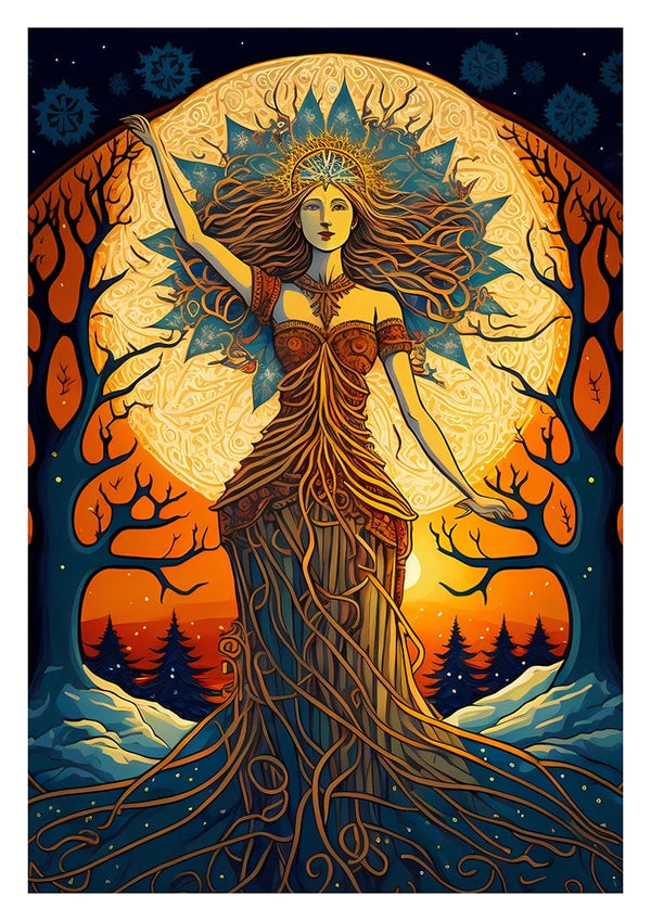 Artistic illustration of a goddess in nature, with flowing hair and tree branches, by Thomas Nordentoft.