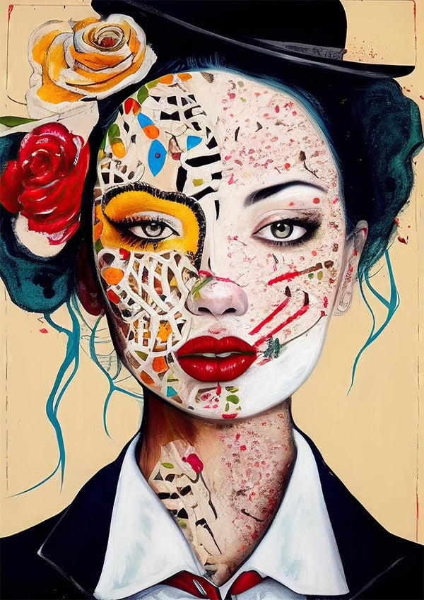 Artistic portrait of a woman with mosaic patterns and flowers, featured on She's My Twin- Tara Green product page.