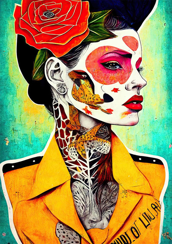 Artistic portrait of a woman in yellow with vivid face paint, floral headpiece, and detailed neck illustrations.