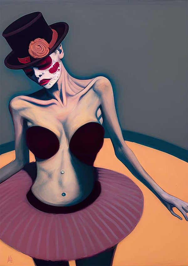 Surreal ballerina with face paint, a top hat, and rose, featured on You're No Good For Me by Tara Green.