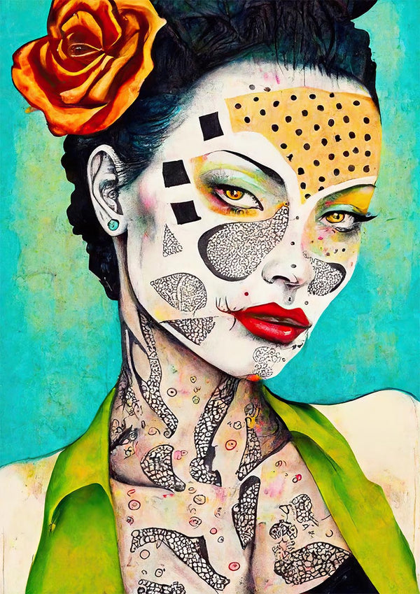 Artistic portrait of a woman with abstract face paint, yellow rose in hair, and green top on turquoise background.