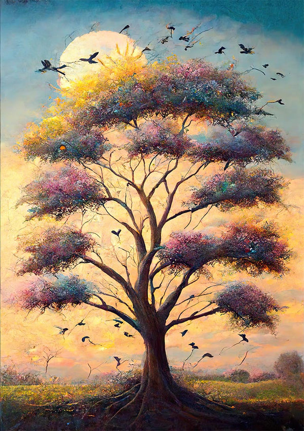 Colorful tree with birds flying at sunrise, inspired cover art for I Think I'm All Alone by David Wolf.