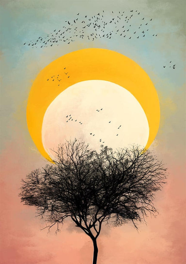 Artistic cover for Heart Of My Stories by David Wolf, featuring a tree silhouette and birds against a bright sunset.