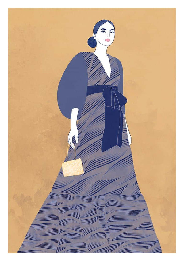 Illustration of a woman in a patterned blue dress holding a small bag, featured on Soul Of Freedom - Elara Monet page.