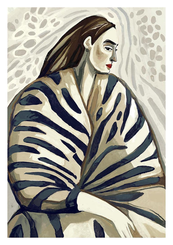 Abstract portrait of a woman with long hair in a striped shawl, featured on the Altered Angel - David Wolf page.