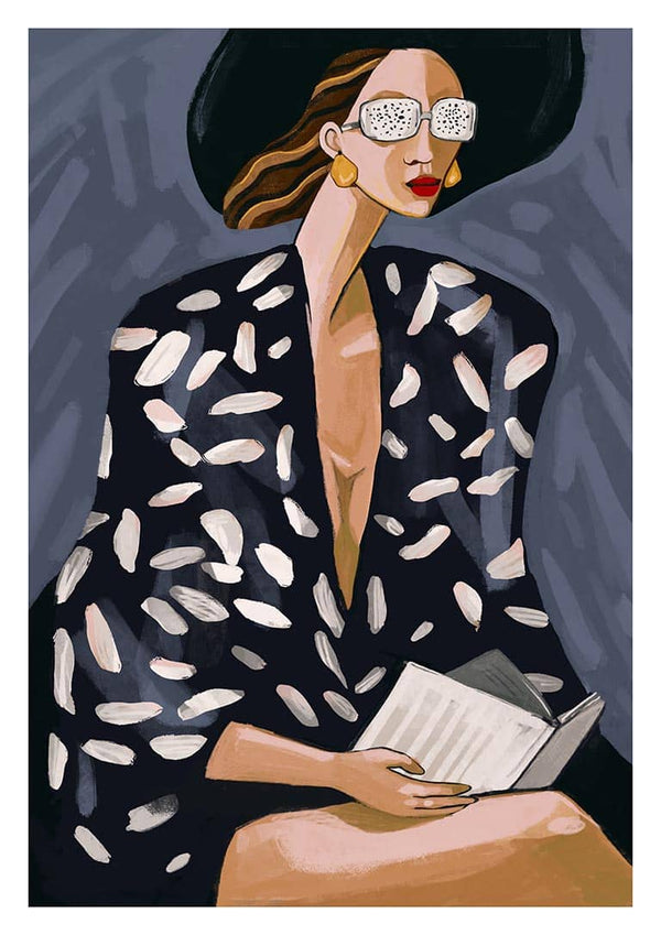 Stylish woman in patterned coat reading a book, illustration from Cool Readings by Martina Karlsson.