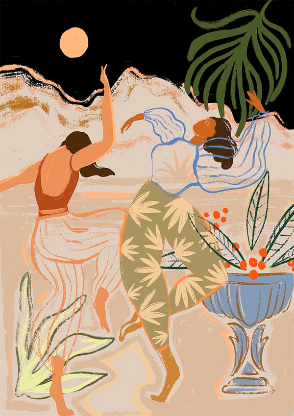 Two women dance under the moon with plants and mountains, from Moonlightdance by Arty Guava.