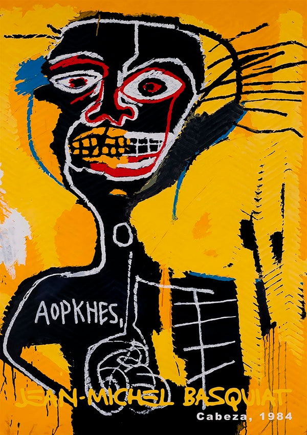 Cabeza painting by Jean-Michel Basquiat, 1984, featuring a bold abstract face on a yellow background.