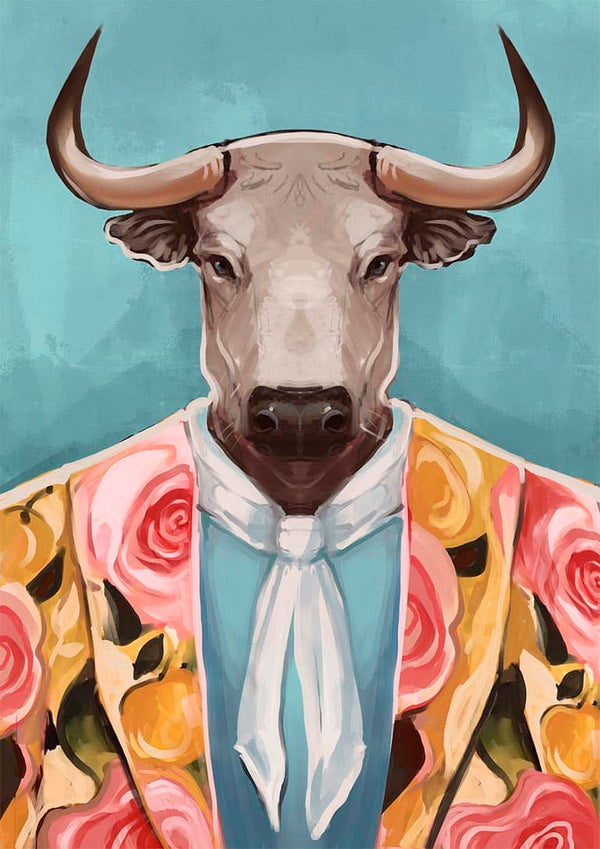 A bull with a serious expression wears a floral jacket and cravat against a blue background.