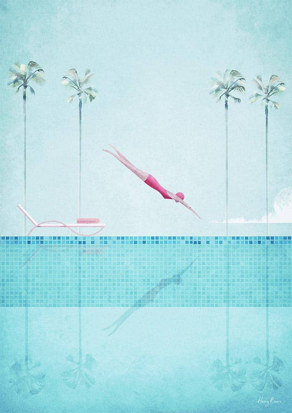 Minimalist art print of a swimmer diving into a turquoise pool, with palm trees and a lounge chair in the background.