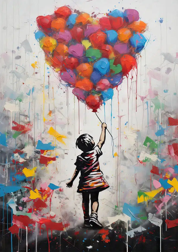 A girl reaches for a large heart-shaped cluster of colorful balloons, Banksy-inspired street art style.