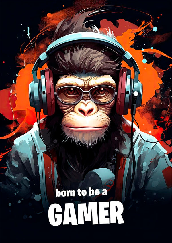 Illustration of a chimpanzee wearing headphones and hoodie with "born to be a GAMER" text below.