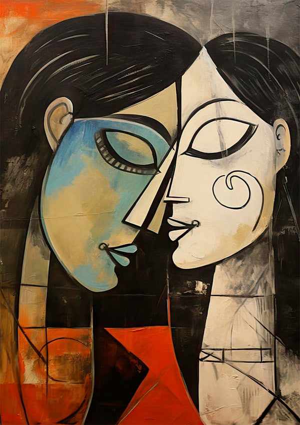 Abstract painting of two faces intimately close, inspired by cubism, from The Kiss No 04 by David Wolf.