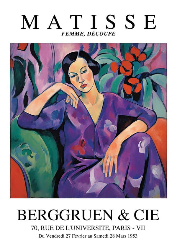 Poster of Matisse Purple Madame artwork, featuring a woman in a purple dress seated among vibrant foliage.