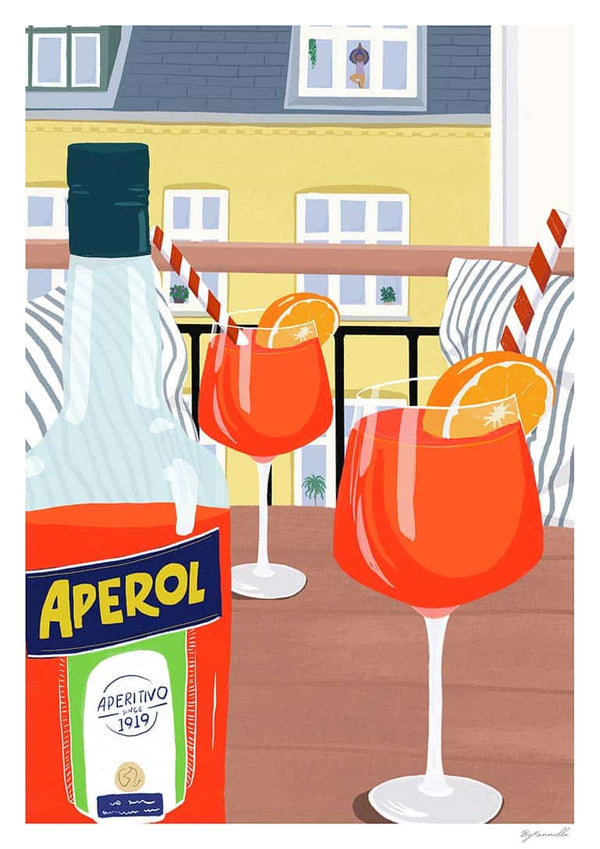 Illustration of Aperol and cocktails on a cozy balcony, perfect for relaxing moments with Altan Hygge - ByKammille.