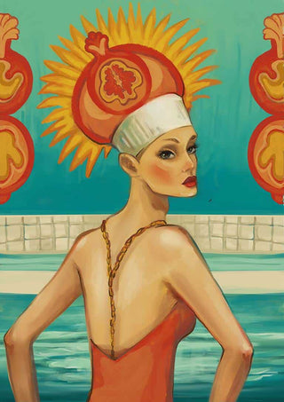 Woman in a swimsuit and ornate headpiece stands by a pool, art by Martina Karlsson for Swimmingpool product page.
