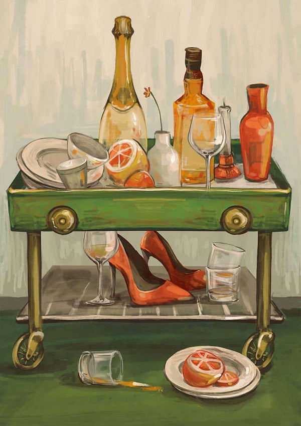 Painting of a green bar cart with empty glasses, bottles, grapefruit halves, dishes, and red high heels on the lower shelf.
