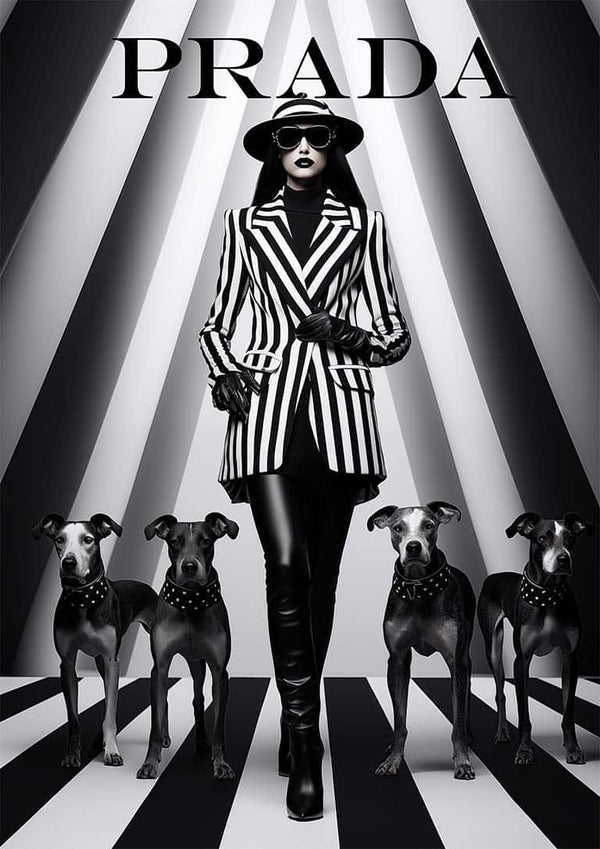 Model in a black and white striped suit with four dogs, promoting Stripes by Prada on a bold striped background.