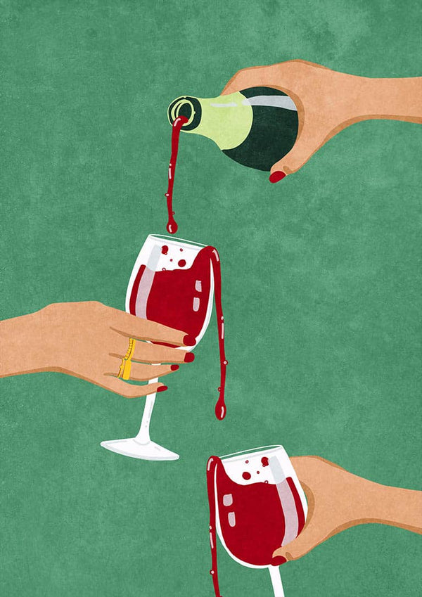 Illustration of hands pouring red wine into glasses, celebrating, from Cheers Girls by Raissa Oltmanns.