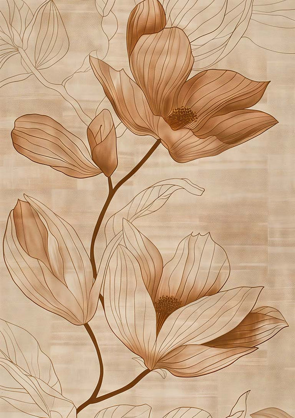 Brown magnolia flowers with fine line details and soft shading on a beige textured background.