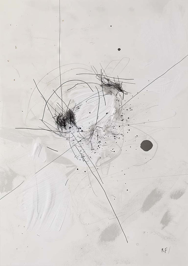 Abstract black and white artwork for Harmony of Chaos, featuring dynamic lines, smudges, and ink splatters.