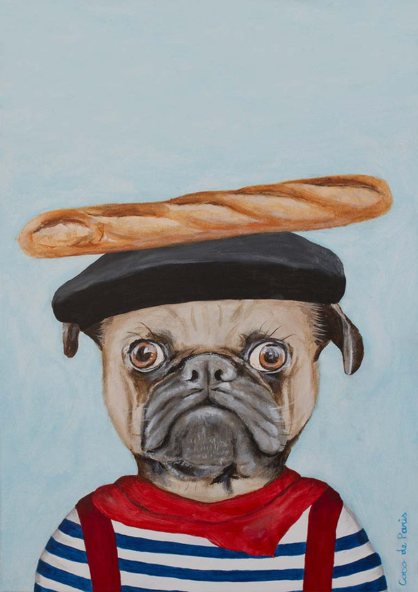 Illustration of a French pug wearing a beret and striped shirt with a baguette balanced on its head.