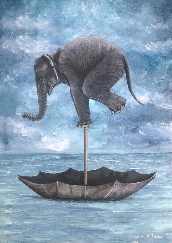 A whimsical elephant balancing on one leg atop an umbrella floating on water; art by Coco de Paris.
