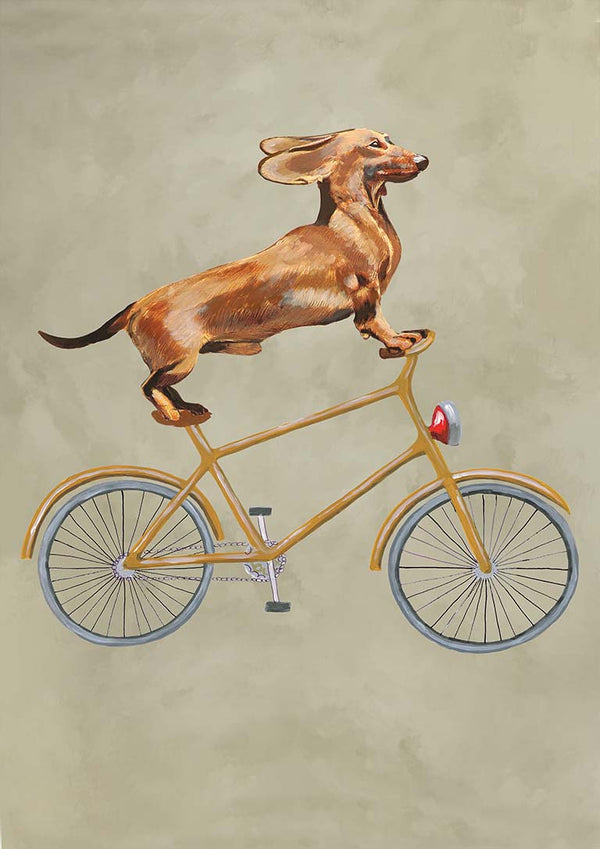 Illustration of a dachshund standing on a yellow bicycle, set against a plain beige background.