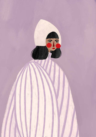 Illustration of a woman with a white hat and striped cloak on a lavender background from The Woman With the White Hat.