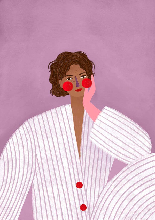 Illustration of a woman in a striped suit with a pink glove touching her face, from The Woman With the Pink Glove.