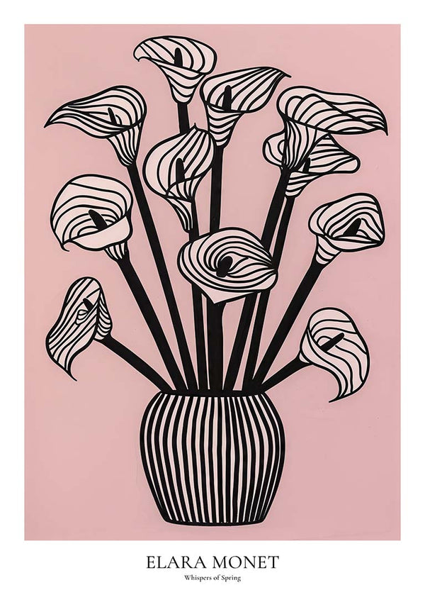 Stylized black and white flowers in a striped vase on a pink background, from Whispers of Spring by Elara Monet.