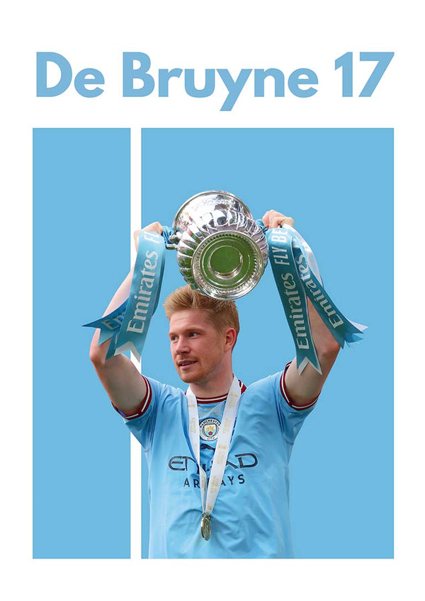 De Bruyne holding a trophy in Manchester City kit with "De Bruyne 17" text above on a blue football poster.