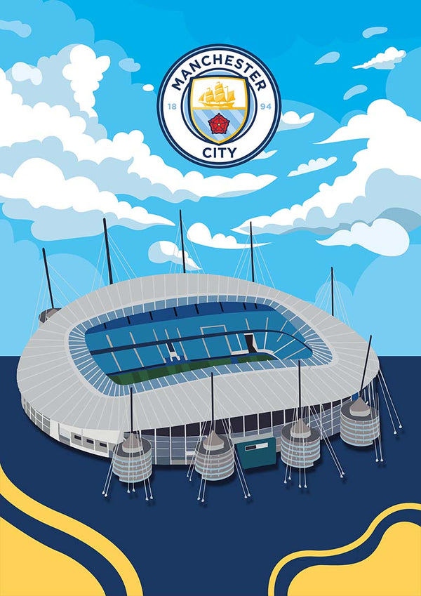 Illustrated City of Manchester Stadium under blue sky, with Manchester City logo above. Football poster artwork.