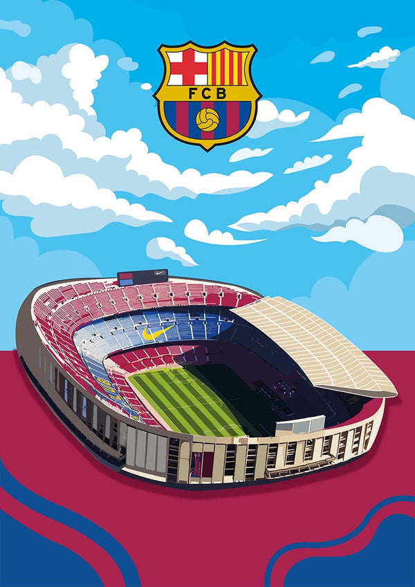 Illustrated Camp Nou stadium with FC Barcelona crest above, blue sky and clouds in the background.