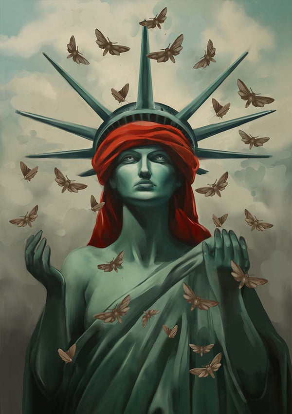 Statue of Liberty with a red blindfold, surrounded by moths against a cloudy sky; Repeat After Me - Tara Green.