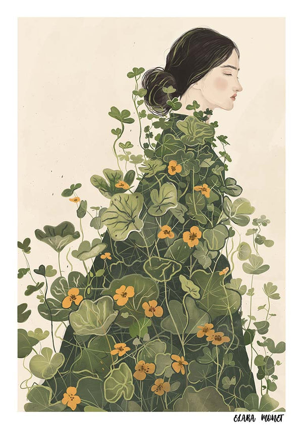 Art print of a woman draped in lush green leaves and orange flowers, from Floral Symphony by Elara Monet.