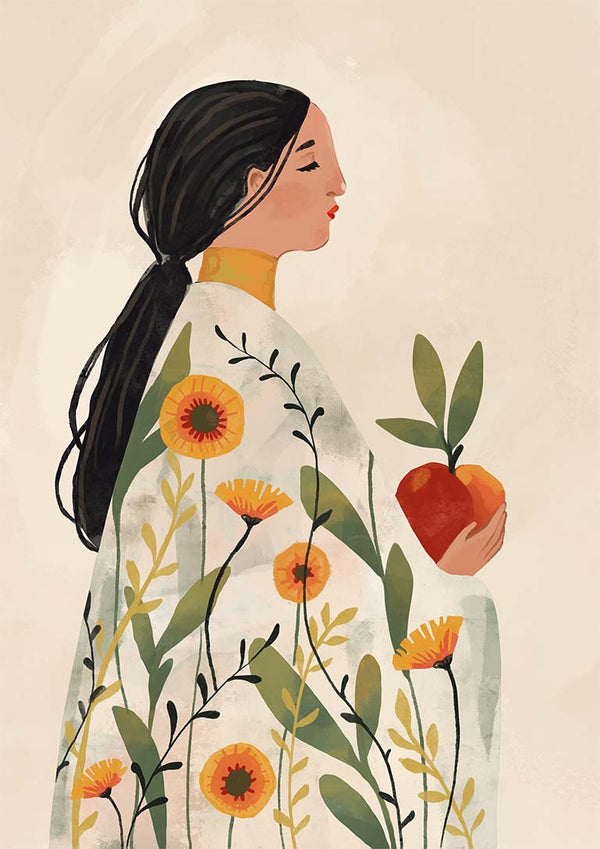 Illustration of a woman in a floral robe holding an apple, featured on The Enchanted Bloom - Elara Monet product page.