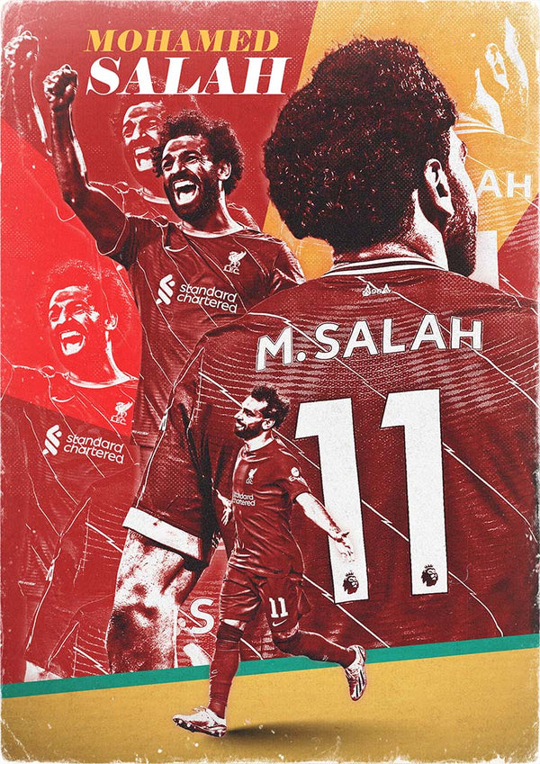 Poster featuring Mohamed Salah in Liverpool kit with dynamic action poses and bold "MOHAMED SALAH" text.