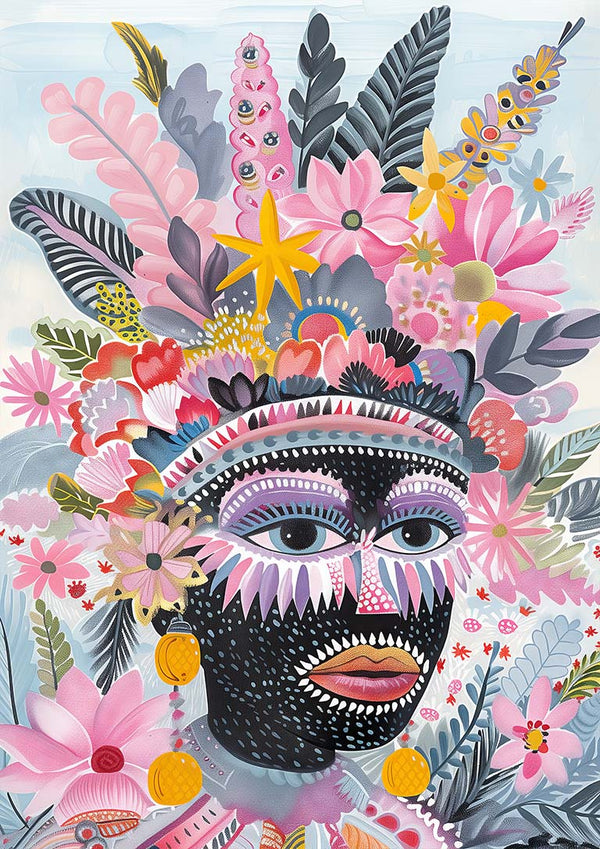 Colorful portrait from The Tribe Called Art - Vincent V., featuring a face with floral and botanical headdress.