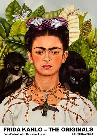 Frida Kahlo with a thorn necklace, butterflies in her hair, and surrounded by lush leaves, a monkey, and a black cat.
