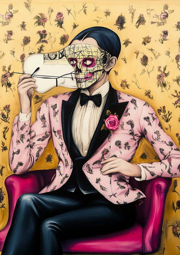 Man in a floral suit revealing a cracked mask, representing "Face Your Fears" by Martin Zen.