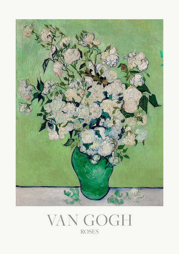 Van Gogh painting of white roses in a green vase against a light green background.