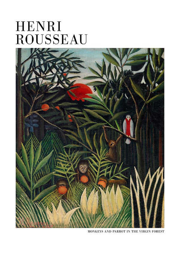 Monkeys and a parrot among lush jungle foliage in Henri Rousseau's painting, featured on a product page.
