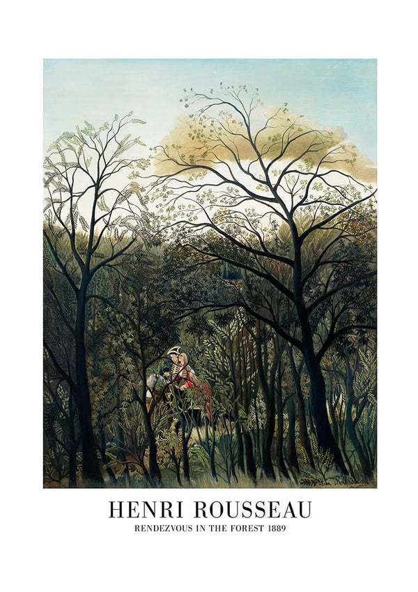Rendezvous In The Forest by Henri Rousseau, featuring dense trees and two figures meeting in a lush forest.