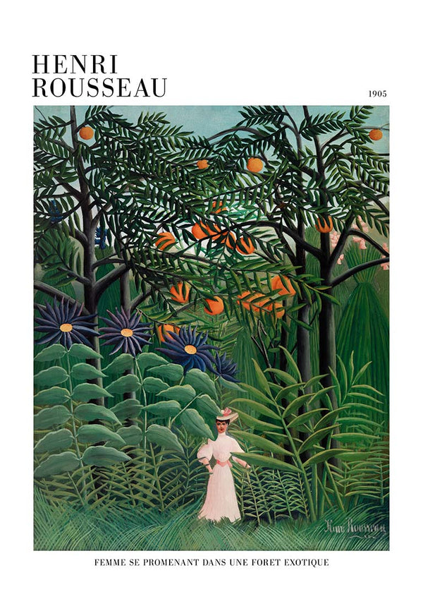 Woman in white dress walking in a lush, exotic forest; artwork by Henri Rousseau.